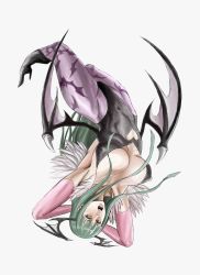 Rule 34 | 1girl, armpits, arms up, breasts, capcom, cleavage, covered erect nipples, elbow gloves, female focus, full body, gloves, green eyes, green hair, head wings, high heels, highres, leotard, long hair, matching hair/eyes, morrigan aensland, open mouth, pantyhose, shibusun, shoes, simple background, solo, vampire (game), white background, wings