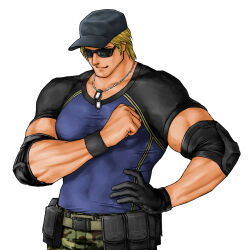 Rule 34 | 1boy, baseball cap, belt, black hat, black sleeves, blonde hair, blue shirt, camouflage, camouflage pants, clark still, clenched hand, cowboy shot, dog tags, elbow pads, gloves, hand on own hip, hat, highres, male focus, mature male, muscular, muscular male, pants, shirt, short hair, short sleeves, single glove, smile, solo, sunglasses, the king of fighters, tight clothes, tight shirt, white background, wristband, x chitch
