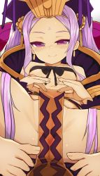 Rule 34 | 1girl, bare arms, bare legs, bare shoulders, barefoot, black bow, black ribbon, blush, bow, breasts, budget sarashi, closed mouth, collarbone, commentary request, earrings, fang, fang out, fate/grand order, fate (series), feet, forehead, foreshortening, hair ornament, half-closed eyes, highres, japanese clothes, jewelry, legs up, loincloth, long hair, looking at viewer, lying, midriff, minamura haruki, navel, no panties, nose blush, on back, pelvic curtain, purple eyes, purple hair, ribbon, sarashi, simple background, small breasts, smile, solo, spread legs, stomach, tassel, toes, twintails, very long hair, white background, wu zetian (fate)