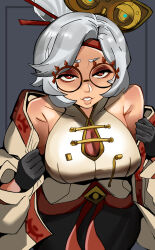 Rule 34 | 1girl, breasts, bright pupils, ceroccb, eyeshadow, facing viewer, glasses, gloves, grey background, hair up, headband, highres, large breasts, lips, looking at viewer, makeup, nintendo, parted lips, purah, red eyes, solo, the legend of zelda, the legend of zelda: tears of the kingdom, undressing, upper body, white hair, white pupils