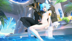 Rule 34 | 2boys, akishycat, animal ears, archon eclipse, arm support, banana, blue eyes, blue hair, bowl, commission, eating, egyptian clothes, erection, facial mark, food, food in mouth, fruit, furry, furry male, furry with non-furry, grapes, handjob, highres, indie virtual youtuber, interspecies, leopard boy, leopard ears, leopard tail, male focus, melon, multiple boys, navel, nipples, palm tree, penis, pillar, plant, precum, shadow, short hair, sitting, soaking feet, tail, tattoo, tongue, tongue out, trap, tree, virtual youtuber, water, wet, yaoi