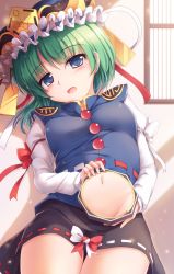 Rule 34 | 1girl, arm ribbon, asymmetrical hair, black skirt, blue eyes, blush, breasts, cleansed crystal mirror, commentary, epaulettes, green hair, groin, hat, highres, long sleeves, looking at viewer, lzh, mirror, navel, open mouth, revealing layer, ribbon, ribbon-trimmed skirt, ribbon trim, shiki eiki, short hair, skirt, solo, touhou, vest, wide sleeves, window