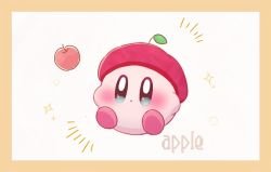 Rule 34 | apple, blue eyes, border, english text, food, food-themed ornament, fruit, full body, kirby, kirby (series), nintendo, piyoko (wadopipi), red apple, red headwear, simple background, solo, star (symbol), white background, yellow border