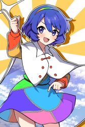 Rule 34 | 1girl, :d, blue eyes, blue hair, cape, cowboy shot, hairband, highres, long sleeves, looking at viewer, miz (mizillustration), multicolored clothes, multicolored hairband, open mouth, outline, short hair, sky print, smile, solo, standing, tenkyuu chimata, touhou, v-shaped eyebrows, white background, white cape, white outline, yellow background