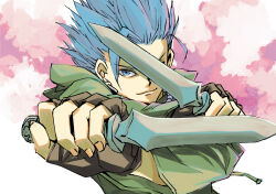 Rule 34 | 1boy, blue eyes, blue hair, brown gloves, camus (dq11), closed mouth, commentary request, dagger, dragon quest, dragon quest xi, dual wielding, fingerless gloves, gloves, holding, holding dagger, holding knife, holding weapon, knife, male focus, muramasa mikado, pink background, short hair, smile, solo, two-tone background, upper body, weapon, white background