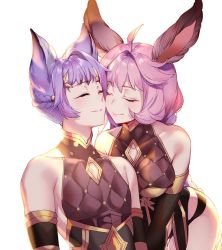 Rule 34 | 1boy, 1girl, ahoge, aki663, animal ears, armlet, blue eyes, braid, brother and sister, cheek-to-cheek, cleavage cutout, clothing cutout, elbow gloves, tien (granblue fantasy), eyelashes, french braid, gloves, granblue fantasy, hair intakes, hair ornament, heads together, leaning forward, leaning on person, leotard, long braid, long hair, one eye closed, pink eyes, feower (granblue fantasy), quilted armor, siblings, simple background, smile, studded, tsurime, twin braids, very long hair, white background