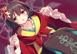 Rule 34 | 1girl, absurdres, brown hair, cloak, duel monster, dutch angle, hair ornament, highres, japanese clothes, kanzakietc, kanzashi, kanzashi the rikka queen, kimono, looking at viewer, red cloak, short hair, sitting, smile, solo, yellow eyes, yellow kimono, yu-gi-oh!