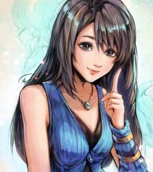 Rule 34 | 1girl, absurdres, asymmetrical bangs, bare shoulders, black eyes, black hair, blue background, blue dress, closed mouth, collarbone, commentary, dress, eyelashes, female focus, final fantasy, final fantasy viii, highres, index finger raised, jewelry, long bangs, long hair, necklace, pink lips, rinoa heartilly, signature, sleeveless, sleeveless dress, smile, two-tone background, upper body, white background, xriviia