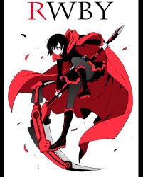 Rule 34 | 1girl, bad id, bad pixiv id, boots, cape, cloak, crescent rose, cross-laced footwear, dress, flat color, hood, hooded cloak, lace-up boots, long sleeves, pantyhose, petals, red cape, red eyes, rose petals, ruby rose, rwby, sakano anri, scythe, short hair