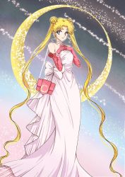 Rule 34 | 1girl, bare shoulders, bead bracelet, beads, bishoujo senshi sailor moon, blonde hair, blue eyes, bracelet, breasts, crescent moon, dabudabu, double bun, dress, elbow gloves, feet out of frame, frilled dress, frills, gloves, hair bun, highres, jewelry, long dress, long hair, looking at viewer, medium breasts, moon, own hands together, parted bangs, pink bag, pink gloves, princess serenity, sidelocks, solo, strapless, strapless dress, twintails, very long hair, white background, white dress