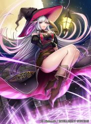 Rule 34 | 1girl, bare shoulders, blue eyes, boots, breasts, cleavage, company name, fire emblem, fire emblem cipher, fire emblem fates, floating, hat, lantern, large breasts, levitation, lips, long hair, looking at viewer, magic circle, matsurika youko, moon, night, night sky, nintendo, official art, shade (fire emblem), sky, smile, smug, solo, sparkle, star (sky), thighs, very long hair, wand, white hair, witch hat