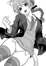 Rule 34 | 1girl, :d, animal ears, blazer, bonkara (sokuseki maou), braid, cat ears, cat tail, commentary, crotch seam, dress shirt, gluteal fold, greyscale, hair tie, head tilt, highres, jacket, leaning to the side, long hair, looking at viewer, lynette bishop, monochrome, necktie, no pants, open clothes, open jacket, open mouth, panties, shirt, single braid, skindentation, smile, solo, strike witches, striped clothes, striped thighhighs, sweater, tail, thighhighs, underwear, v-neck, wing collar, world witches series