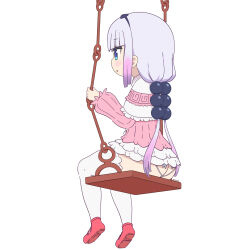 Rule 34 | 1girl, absurdres, alechon, ass, blue eyes, blush, butt crack, dress, hair bobbles, hair ornament, hairband, highres, kanna kamui, kobayashi-san chi no maidragon, long hair, microdress, open mouth, panties, purple hair, red footwear, simple background, solo, swing, thighhighs, thong, twintails, underwear, white background, white panties, white thighhighs