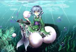 1girl blue_eyes dress drill_hair female_focus fins gem green_dress head_fins highres japanese_clothes mermaid monster_girl pearl_(gemstone) solo stormplush touhou wakasagihime water wide_sleeves