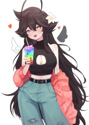 Rule 34 | 1girl, ahoge, bandaged arm, bandages, bandaid, bandaid on face, bare shoulders, belt, black nails, black shirt, blush, breasts, brown eyes, brown hair, cleavage, cleavage cutout, clothing cutout, coat, coat partially removed, contrapposto, crop top, denim, detached wings, drink, flower, hair between eyes, hair flaps, hair flower, hair ornament, head tilt, heart, heart ahoge, highres, huge ahoge, jeans, large breasts, long hair, looking at viewer, messy hair, midriff, open clothes, open coat, original, pants, pink coat, shirt, simple background, sky above me, sleeveless, sleeveless turtleneck, smile, solo, tongue, tongue out, torn clothes, turtleneck, very long hair, white background, wings