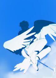 Rule 34 | 1boy, bird boy, bird tail, bird wings, blank eyes, blue background, blue eyes, blue footwear, blue hair, blue jacket, blue necktie, blue pants, blue sky, blue theme, blue wings, claws, closed mouth, cloud, collared shirt, feathered wings, flying, full body, highres, holding, holding staff, jacket, korean commentary, long sleeves, looking at viewer, male focus, necktie, original, pants, pointy ears, sasi mozzi1, shadow, shirt, short hair, sky, solo, staff, tail, wings