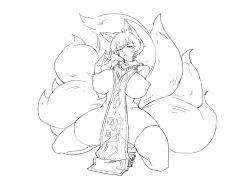 Rule 34 | 1girl, absurdres, animal ears, breasts, commentary, fox ears, fox girl, fox shadow puppet, fox tail, full body, greyscale, highres, kitsune, kneeling, large breasts, looking at viewer, monochrome, multiple tails, naked tabard, nipples, parted lips, short hair, shuchuu (sake bug), solo, tabard, tail, thighhighs, touhou, yakumo ran