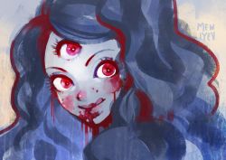 Rule 34 | 1girl, artist name, blood, blood on face, charlotte pudding, licking lips, limited palette, long hair, looking at viewer, mewiyev, one piece, portrait, smile, solo, spoilers, third eye, tongue, tongue out