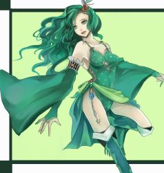 Rule 34 | 1990s (style), 1girl, bad id, bad pixiv id, boots, breasts, detached sleeves, female focus, final fantasy, final fantasy iv, green eyes, green footwear, green hair, green theme, green thighhighs, hair ornament, hairpin, jewelry, leotard, long hair, matching hair/eyes, retro artstyle, rydia (ff4), seto (sepcloud), smile, solo, thigh boots, thighhighs