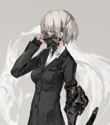 1girl blonde_hair brown_eyes brown_hair commentary cropped formal_clothes general_affairs_division inu_(neco) mask mouth_mask neco short_hair solo standing suit upper_body weapon