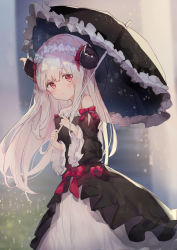 Rule 34 | 1girl, bare shoulders, black dress, black umbrella, blush, bow, closed mouth, commentary request, curled horns, detached sleeves, dress, frilled umbrella, frills, hair between eyes, hair ribbon, head tilt, highres, holding, holding umbrella, horns, juliet sleeves, long hair, long sleeves, looking at viewer, makiaato, original, puffy sleeves, red bow, red eyes, red ribbon, ribbon, sketch, solo, strapless, strapless dress, umbrella, very long hair, white hair, wide sleeves