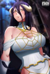 Rule 34 | 1girl, albedo (overlord), artist logo, artist name, bare shoulders, black feathers, breasts, closed mouth, collarbone, demon girl, demon horns, dress, elbow gloves, feathers, female focus, gloves, hair between eyes, hair over shoulder, highres, horns, huge breasts, lips, looking at viewer, ohdax, overlord (maruyama), purple hair, slit pupils, smile, solo, spider web print, strapless, strapless dress, upper body, white dress, white gloves, white horns, yellow eyes