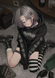 Rule 34 | 1girl, absurdres, alcohol, between legs, black hoodie, black nails, blush, book, boots, bottle, box, choker, commentary, cup, drinking glass, ear piercing, english commentary, gishiki (gshk), goth fashion, gothic fashion, hair between eyes, hair ornament, hairclip, hand between legs, highres, hood, hoodie, long sleeves, looking at viewer, multicolored hair, nail polish, open mouth, original, parted lips, pentagram, piercing, purple eyes, purple hair, short hair, silver hair, single thighhigh, sitting, solo, streaked hair, striped clothes, striped thighhighs, tablet pc, thigh strap, thighhighs, wine, wine bottle, wine glass