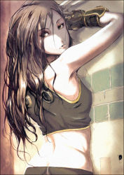 Rule 34 | 1girl, animification, arched back, back, brown eyes, brown hair, butt crack, gloves, hair over one eye, long hair, looking back, marvel, messy hair, okazuwa shake, solo, x-23, x-men