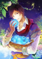 Rule 34 | 1boy, bad id, bad pixiv id, basket, blue apple, flower, holding, hydrangea, jewelry, leaf, male focus, necklace, open mouth, original, red eyes, rkukrion44, runia, short hair, solo, studs