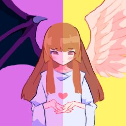 Rule 34 | 1girl, angel and devil, angel wings, blunt bangs, blunt ends, brown eyes, brown hair, change of heart, closed mouth, demon wings, dual persona, duel monster, feathered wings, heart, highres, long hair, long sleeves, looking at viewer, noniha, own hands together, polar opposites, shirt, slit pupils, smile, solo, split theme, upper body, white shirt, wide sleeves, wings, yu-gi-oh!