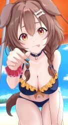 Rule 34 | 1girl, absurdres, animal ears, beach, breasts, brown hair, cleavage, dog ears, dog tail, highres, hololive, inugami korone, kudoukudokudo, looking at viewer, medium breasts, nails, orange eyes, parasol, smile, solo, swimsuit, tail, umbrella, virtual youtuber