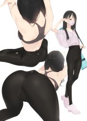 Rule 34 | 1girl, adjusting hair, all fours, ama mitsuki, arm up, arms up, ass, bag, bare shoulders, black hair, black pants, brown eyes, collarbone, full body, handbag, high-waist pants, highres, jewelry, long hair, mask, mouth mask, multiple views, necklace, original, pants, pink footwear, short sleeves, shoulder bag, simple background, sitting, sports bra, spread legs, standing, stretching, top-down bottom-up, white background, wide sleeves, yoga pants