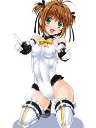 Rule 34 | 1girl, :d, bare shoulders, blush, bow, bowtie, breasts, brown hair, cardcaptor sakura, cosplay, covered navel, cowboy shot, dead or alive, elbow gloves, gloves, green eyes, highleg, highleg leotard, highres, kinomoto sakura, kneeling, leotard, looking at viewer, marie rose, marie rose (cosplay), open mouth, sen (sansui), shiny skin, short hair, simple background, small breasts, smile, solo, thighhighs, white background, white thighhighs