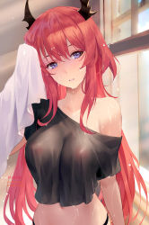 Rule 34 | 1girl, arknights, black horns, breasts, chihunhentai, commentary, covered erect nipples, highres, holding, holding towel, horns, long hair, looking at viewer, medium breasts, midriff, navel, off-shoulder shirt, off shoulder, patreon username, purple eyes, red hair, see-through, shirt, solo, surtr (arknights), towel, wet, wet clothes, wet hair, wet shirt, window