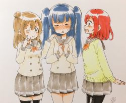 Rule 34 | 10s, 3girls, ;), alternate hairstyle, black legwear, blue hair, blush, bow, bowtie, brown eyes, brown hair, buttons, clenched hands, closed eyes, cowboy shot, double-breasted, embarrassed, green eyes, grey background, hair bun, hairstyle switch, hand on another&#039;s shoulder, highres, kunikida hanamaru, kurosawa ruby, long hair, long sleeves, looking at another, looking at viewer, love live!, love live! sunshine!!, multiple girls, muramoh, nose blush, one eye closed, own hands together, pantyhose, personality switch, pleated skirt, red bow, red bowtie, red hair, school uniform, serafuku, short hair, side bun, signature, simple background, single side bun, skirt, smile, sweatdrop, traditional media, triangle mouth, tsushima yoshiko, two side up, v over eye