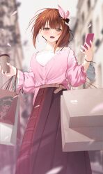 Rule 34 | 1girl, bag, belt, blurry, blurry background, bow, brown eyes, brown hair, brown skirt, camisole, casual, coffee mug, collarbone, cup, falling petals, frilled camisole, frills, hair ornament, hair ribbon, highres, hololive, long hair, long skirt, long sleeves, mug, nmokhahi, open mouth, petals, pink ribbon, pink shirt, ribbon, shirt, shopping bag, skirt, star (symbol), star hair ornament, starbucks, tokino sora, tokino sora (casual), virtual youtuber, white bow, white camisole