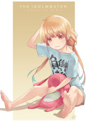 Rule 34 | 10s, 1girl, bad id, bad pixiv id, barefoot, blonde hair, brown eyes, brown hair, clothes writing, copyright name, feet, foreshortening, futaba anzu, hand on own head, idolmaster, idolmaster cinderella girls, long hair, looking at viewer, naked shirt, outside border, pink eyes, re lucy, shirt, short sleeves, signature, sitting, soles, solo, stuffed animal, stuffed rabbit, stuffed toy, t-shirt, toes, twintails, very long hair