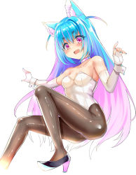 Rule 34 | 1girl, :d, animal ear fluff, animal ears, ass, bare shoulders, black footwear, blue hair, blue nails, blush, breasts, brown pantyhose, elbow gloves, fang, fingerless gloves, gloves, gradient hair, hair between eyes, high heels, highres, leotard, long hair, medium breasts, multicolored hair, nail polish, open mouth, original, pantyhose, pink hair, purple eyes, shoe soles, shoes, short eyebrows, simple background, smile, solo, strapless, strapless leotard, thick eyebrows, unname, very long hair, white background, white gloves, white leotard