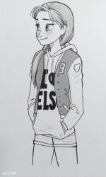Rule 34 | 1girl, absurdres, alternate hairstyle, anna (frozen), casual, contemporary, freckles, frozen (disney), hands in pocket, highres, hood, hoodie, letterman jacket, monochrome, os-da, shorts, side ponytail, smile, solo, standing, traditional media