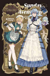 2boys alternate_costume angel apron aventurine_(honkai:_star_rail) birdcage black_background black_footwear black_gloves blonde_hair blue_dress book border cage card character_doll cleavage_cutout clothing_cutout coin commentary_request crossdressing dress enmaided full_body gloves green_dress halo head_wings high_heels highres holding holding_card honkai:_star_rail honkai_(series) huayne long_sleeves maid maid_headdress male_focus multiple_boys piercing playing_card robin_(honkai:_star_rail) short_hair short_sleeves simple_background sunday_(honkai:_star_rail) thighhighs waist_apron white_apron white_gloves white_thighhighs white_wrist_cuffs wing_piercing wings wrist_cuffs