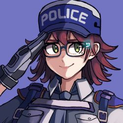 Rule 34 | 1girl, astral chain, baseball cap, closed mouth, glasses, gloves, green eyes, hat, mag (magdraws), marie wentz, messy hair, mole, mole under eye, necktie, police, police uniform, policewoman, short hair, simple background, smile, uniform, upper body
