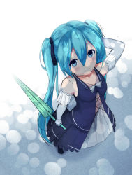 Rule 34 | 1girl, absurdres, alternate costume, aqua eyes, aqua hair, arm behind head, bare shoulders, blue dress, blush, breasts, closed umbrella, commentary request, dappled sunlight, day, dress, elbow gloves, foreshortening, full body, gloves, hair between eyes, hair ribbon, hatsune miku, highres, holding, holding umbrella, long hair, looking at viewer, looking up, nagisa (pixiv17634981), ribbon, small breasts, smile, solo, standing, sunlight, twintails, umbrella, vocaloid, white gloves, white neckwear