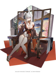 Rule 34 | 1girl, absurdres, animal, animal ears, arrow (projectile), bell, bikini, black bikini, black footwear, breasts, choker, cleavage, collarbone, copyright request, folding screen, full body, geta, grey hair, grey thighhighs, gun, highres, japanese clothes, jingle bell, kimono, large breasts, long hair, long sleeves, looking at viewer, najiu jiao xiaolan ba, neck bell, obi, open clothes, open kimono, parted lips, purple eyes, rabbit, rabbit ears, sash, sitting, smile, solo, swimsuit, tabi, thighhighs, weapon, weapon request, wide sleeves