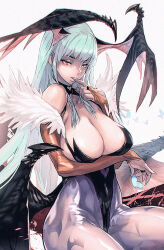 Rule 34 | 1girl, arms under breasts, blue eyes, blue hair, breasts, clothing cutout, demon girl, finger in own mouth, fingerless gloves, from side, gloves, grey background, hair wings, heart cutout, large breasts, long hair, low wings, maeshima shigeki, morrigan aensland, single fingerless glove, solo, upper body, vampire (game), wings