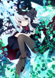 Rule 34 | 1girl, bad id, bad pixiv id, black bow, black capelet, black footwear, black headwear, blue eyes, blue skirt, blush, bow, capelet, center frills, commentary request, flower, frills, grey pantyhose, hair between eyes, high heels, knee up, long hair, looking at viewer, nanase nao, original, pantyhose, parted lips, pleated skirt, red flower, red rose, rose, shirt, shoes, silver hair, skirt, smile, snowflakes, solo, striped, striped bow, thighband pantyhose, tilted headwear, white shirt
