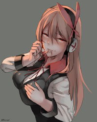 Rule 34 | 10s, 1girl, absurdres, akame ga kill!, blush, breasts, brown background, chelsea (akame ga kill!), female focus, grey background, hair in own mouth, hair ornament, headphones, highres, large breasts, long hair, looking at viewer, mouth hold, noccu, orange hair, red eyes, ribbon, simple background, solo, upper body, vest