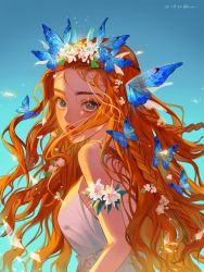 Rule 34 | 1girl, 2020, aqua background, backlighting, bare arms, bare shoulders, blue background, blue butterfly, body freckles, braid, breasts, brown eyes, bug, butterfly, butterfly on head, coldbrew, commentary request, curly hair, dated, dress, expressionless, eyelashes, floating hair, flower, flower armlet, freckles, glowing, gradient background, hair flower, hair ornament, highres, insect, leaf, light, light particles, lips, long eyelashes, long hair, looking at viewer, looking back, medium breasts, multiple braids, original, parted lips, red hair, shaded face, sideboob, simple background, sleeveless, sleeveless dress, solo, sunlight, tareme, thick eyebrows, thick lips, twitter username, upper body, very long hair, white dress, white flower