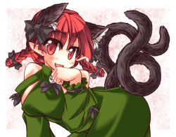 Rule 34 | 1girl, animal ears, bow, braid, breasts, cat ears, cat tail, hair bow, kaenbyou rin, large breasts, licking, multiple tails, mumumu, nekomata, red eyes, red hair, solo, tail, touhou, twin braids, twintails