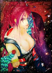 Rule 34 | 1girl, amputee, baiken, bracelet, breasts, cleavage, guilty gear, japanese clothes, jewelry, kimono, large breasts, lips, looking at viewer, one-eyed, pink eyes, pink hair, scar, scar across eye, scar on face, solo, spiked bracelet, spikes