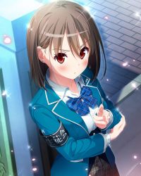 Rule 34 | 1girl, absurdres, armband, bad id, bad pixiv id, blazer, blue bow, blue jacket, blush, bow, brown hair, earrings, hair between eyes, highres, idol wars z, jacket, jewelry, long sleeves, medium hair, official art, outdoors, plaid, plaid skirt, pointing, safety pin, school uniform, skirt, solo, standing, stud earrings, third-party source, tojo seira